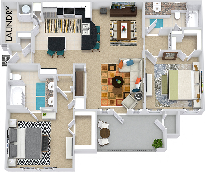Floor plan for 2 beds, 2 baths, 1136 sqft